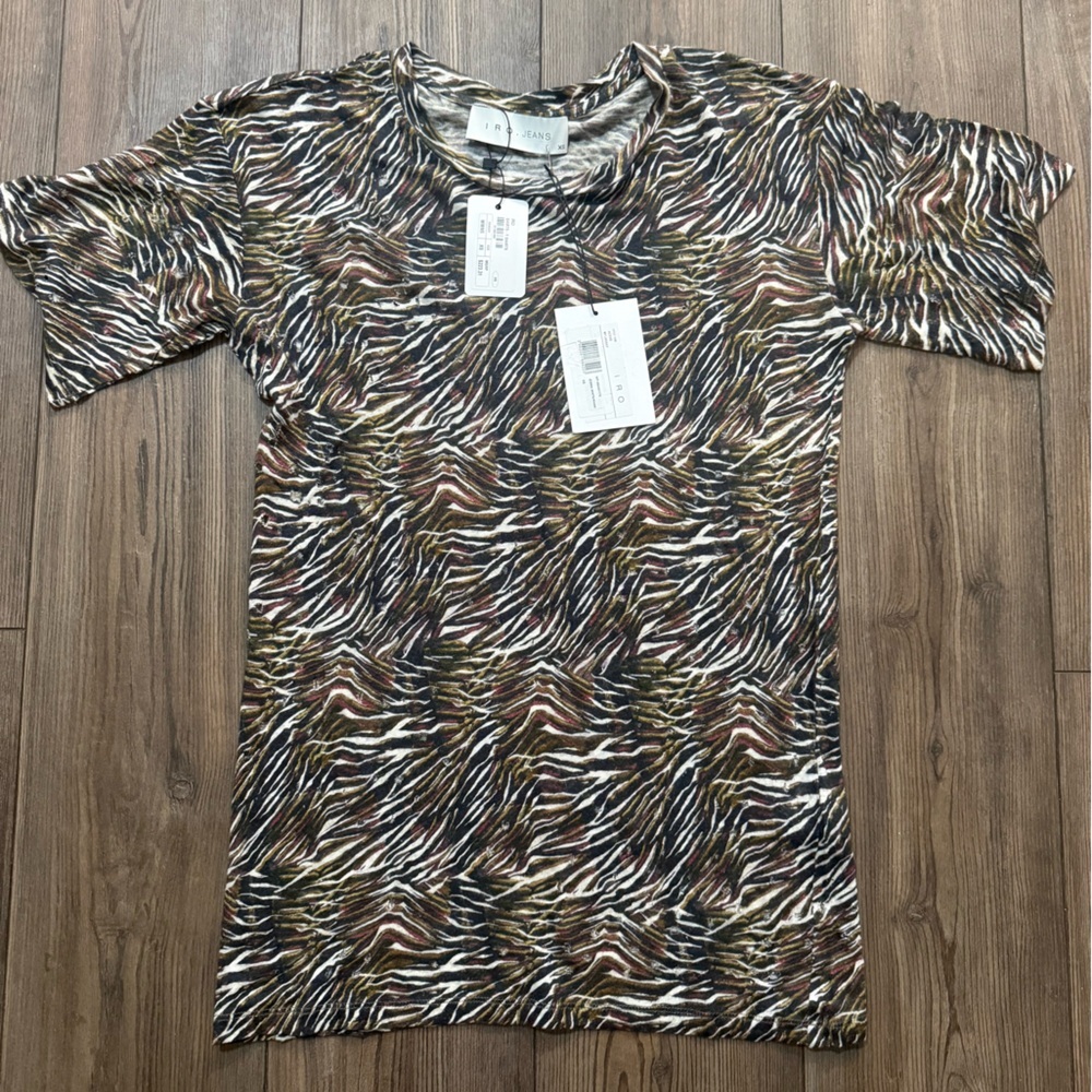 IRO Jeans Shay Distressed Zebra Print Linen Tee Women’s XS NWT